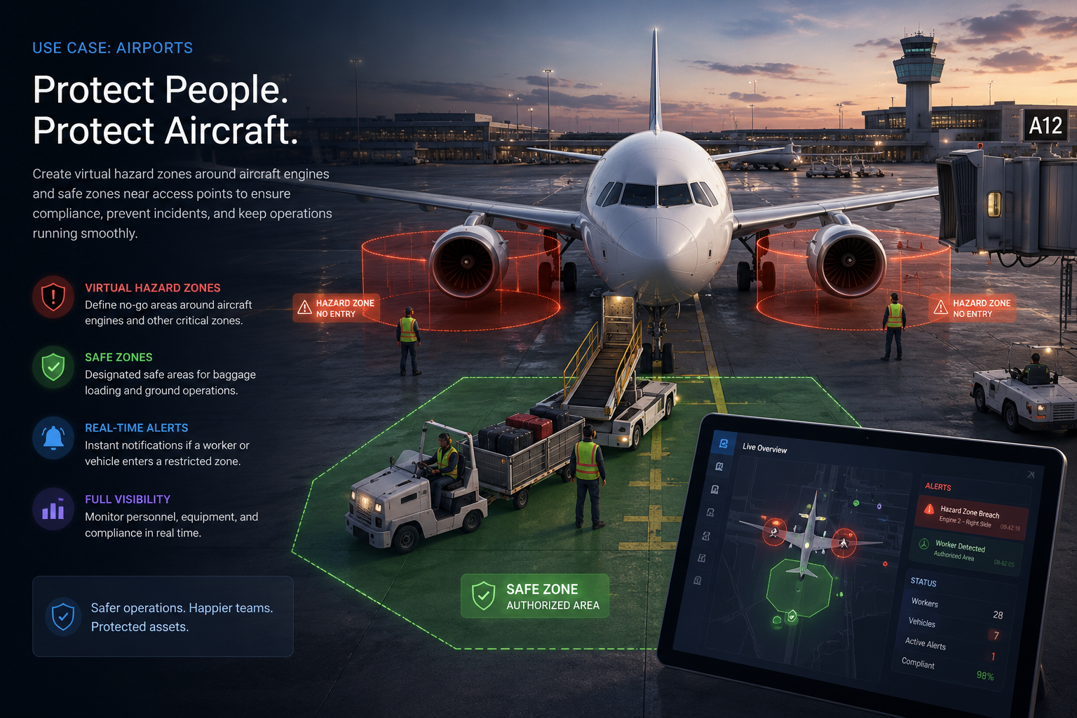 GeoGotar airport safety system showing RTK-tracked workers, red virtual hazard zones around aircraft engines, and a green safe baggage-loading zone