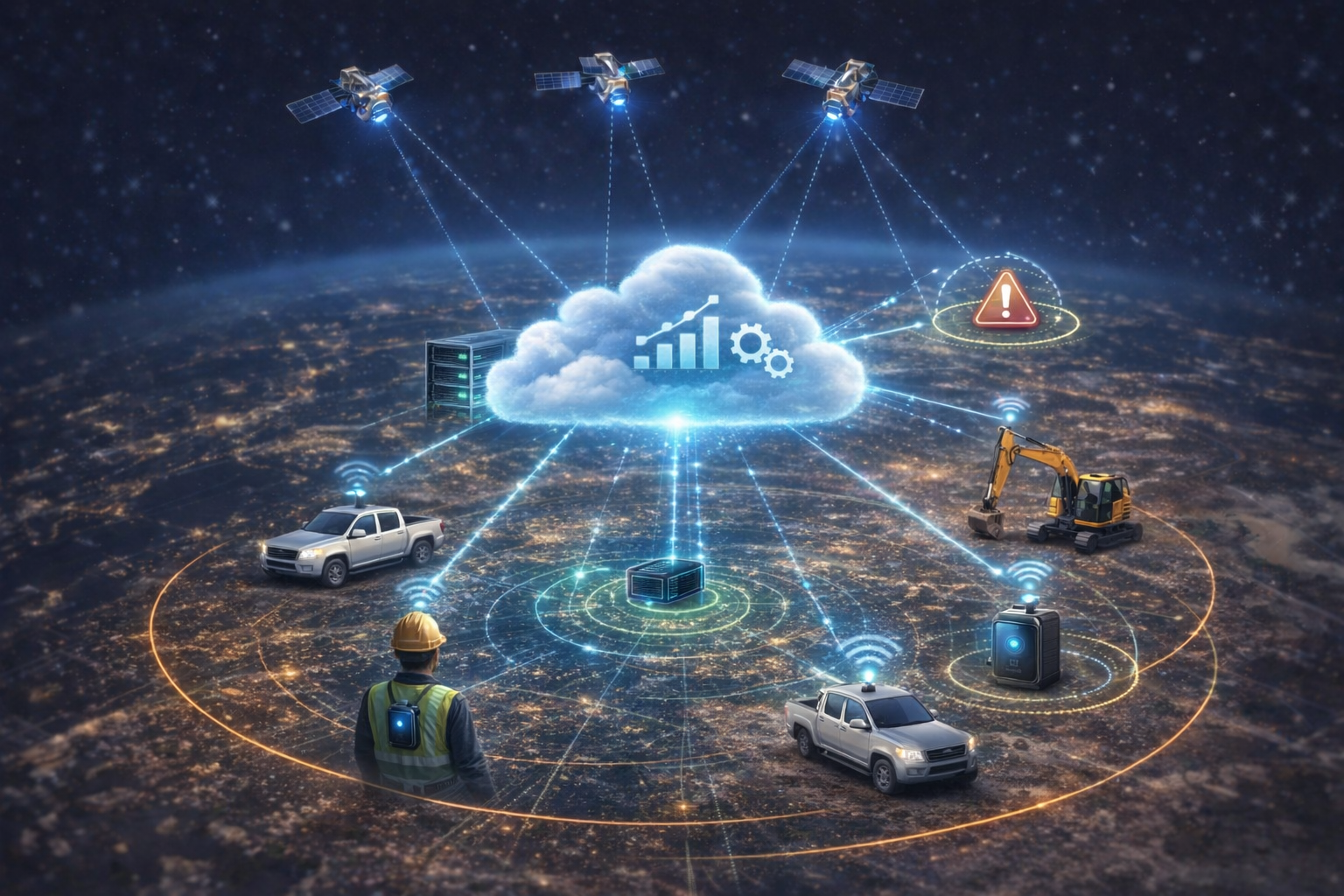 GeoGotar cloud integration illustration showing field devices, satellite connectivity, cloud services, geofence events, and real-time telemetry synchronization.