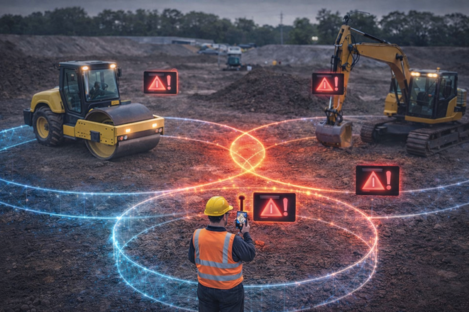 Construction collision prevention system showing an asphalt roller, excavator, worker, dynamic safety zones, and proximity alerts powered by GeoGotar.