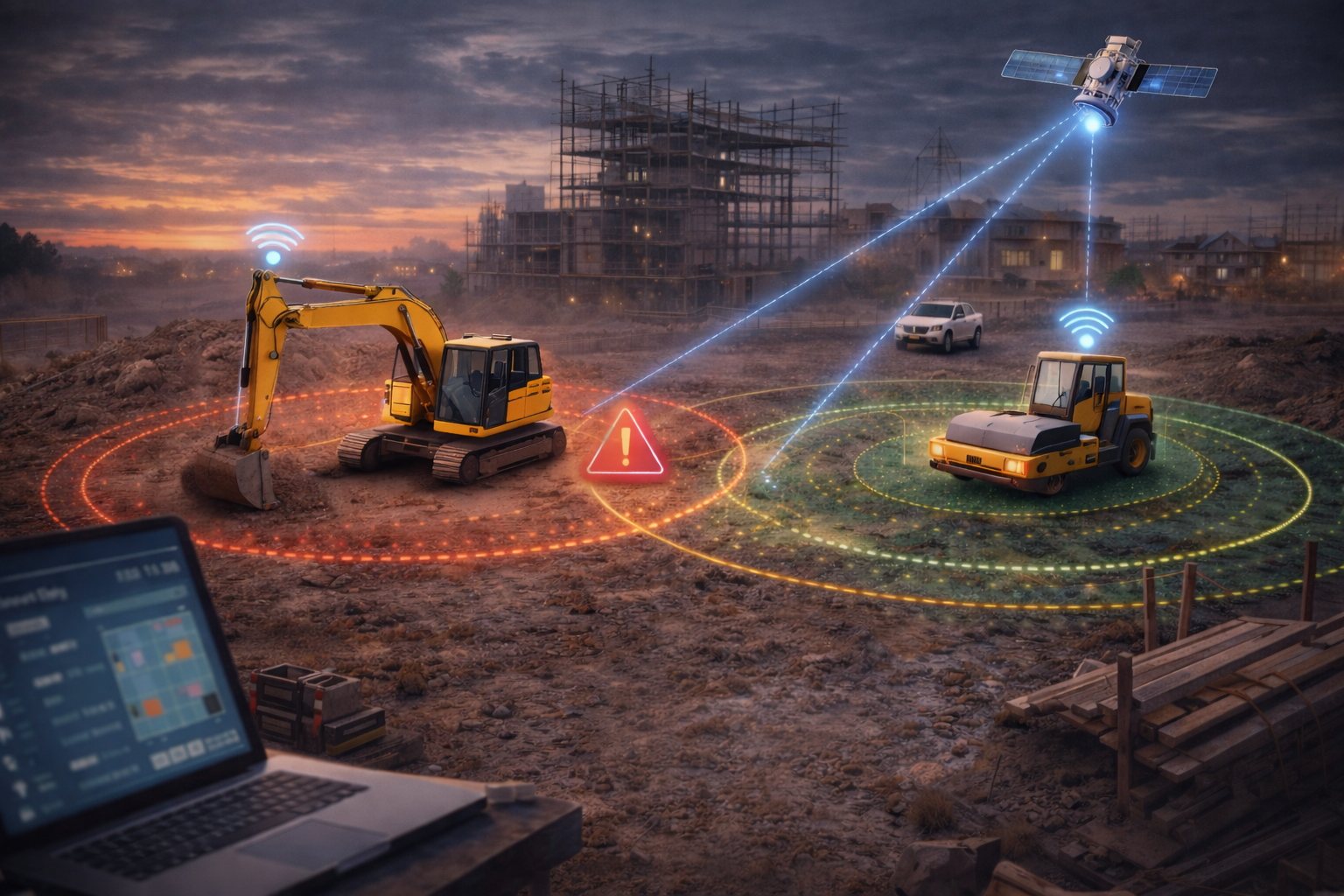 GeoGotar construction tracking showing heavy equipment, worker safety monitoring, geofence zones, and RTK site operations.