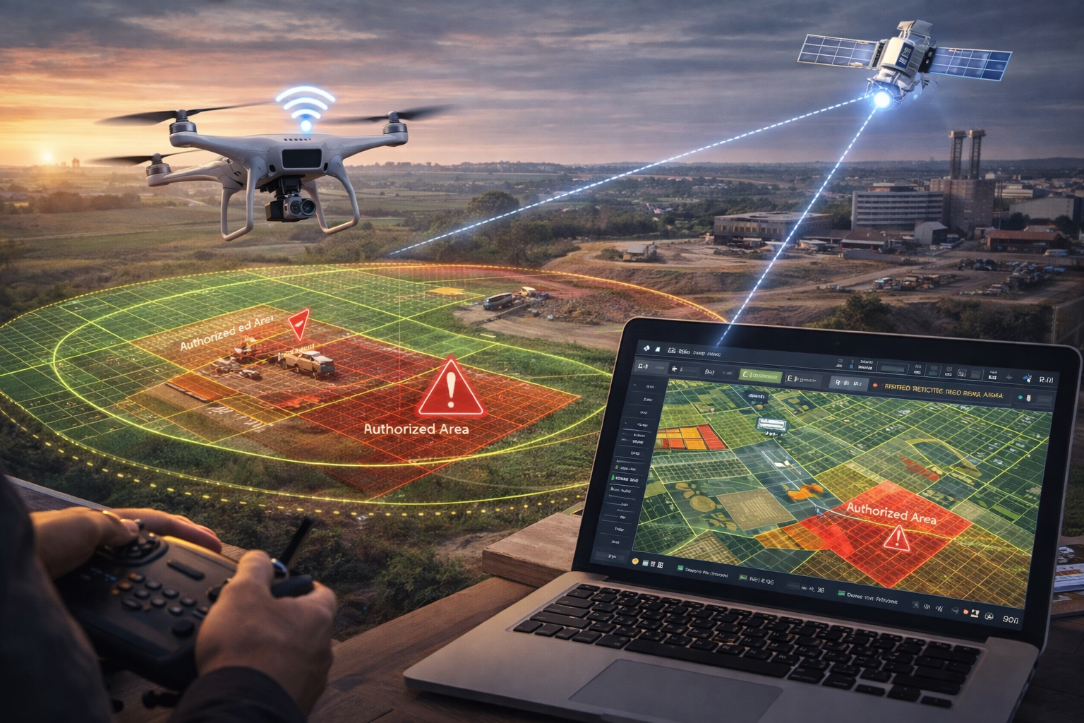 GeoGotar drone operations showing UAV mission tracking, RTK positioning, geofence boundaries, and real-time operational visibility