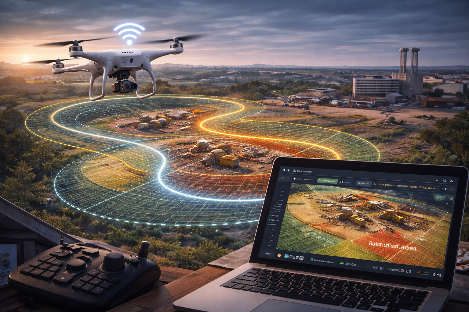 GeoGotar drone operations showing UAV mission tracking, RTK positioning, geofence boundaries, and real-time operational visibility