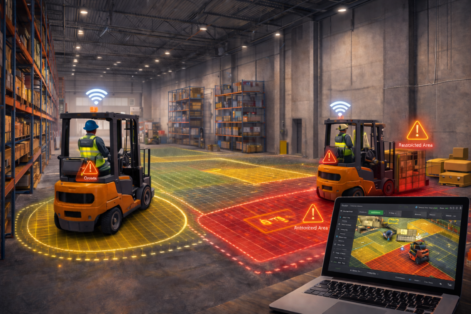 GeoGotar indoor navigation showing tracker-based positioning with Wi-Fi access points, UWB anchors, indoor map visibility, and tracked equipment inside a facility.