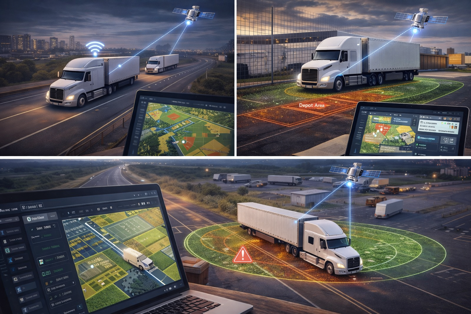 GeoGotar logistics tracking showing trucks, trailers, routes, geofence zones, and real-time fleet monitoring