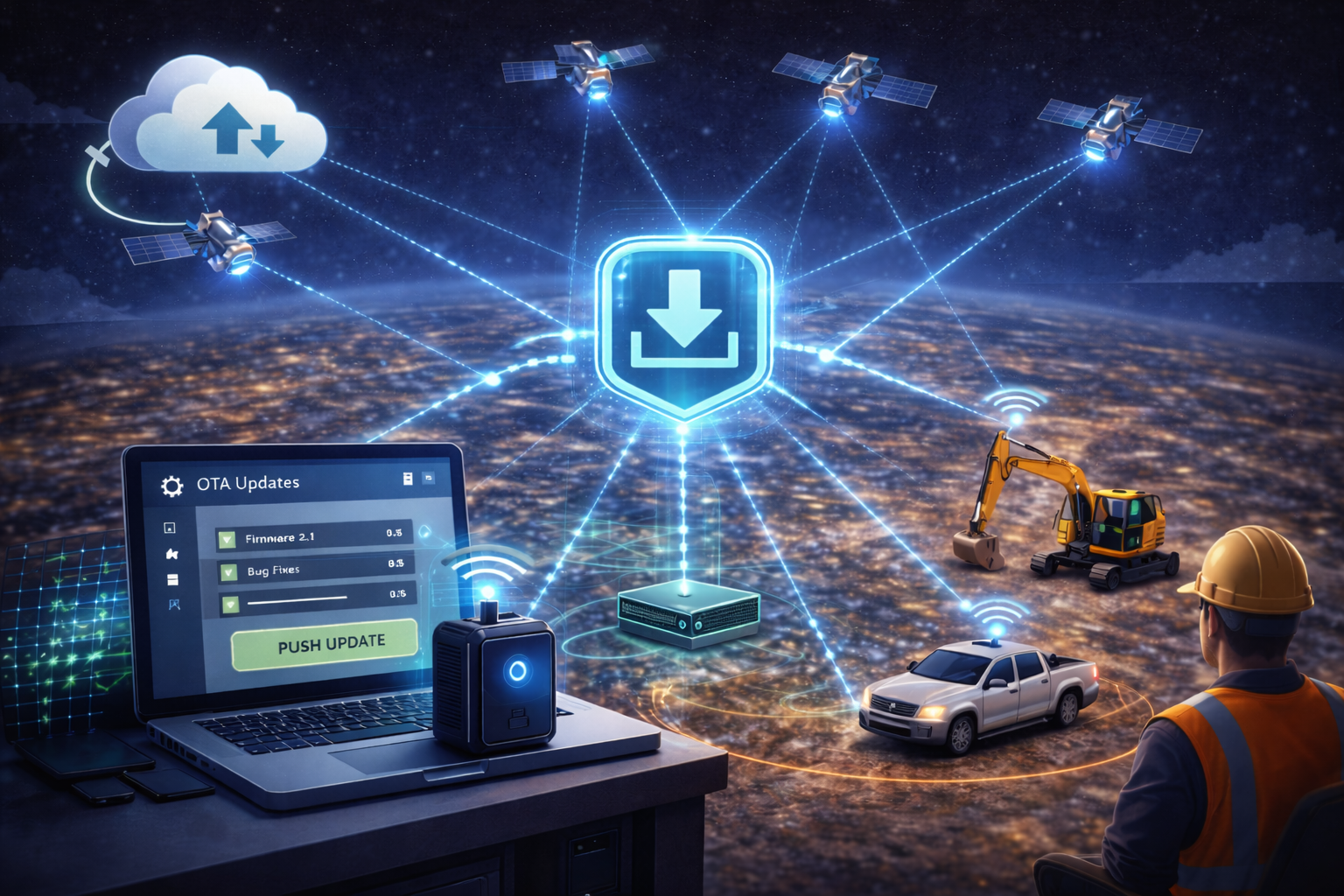 GeoGotar OTA updates illustration showing remote software delivery from the platform through cloud and satellite connectivity to field devices and heavy equipment.