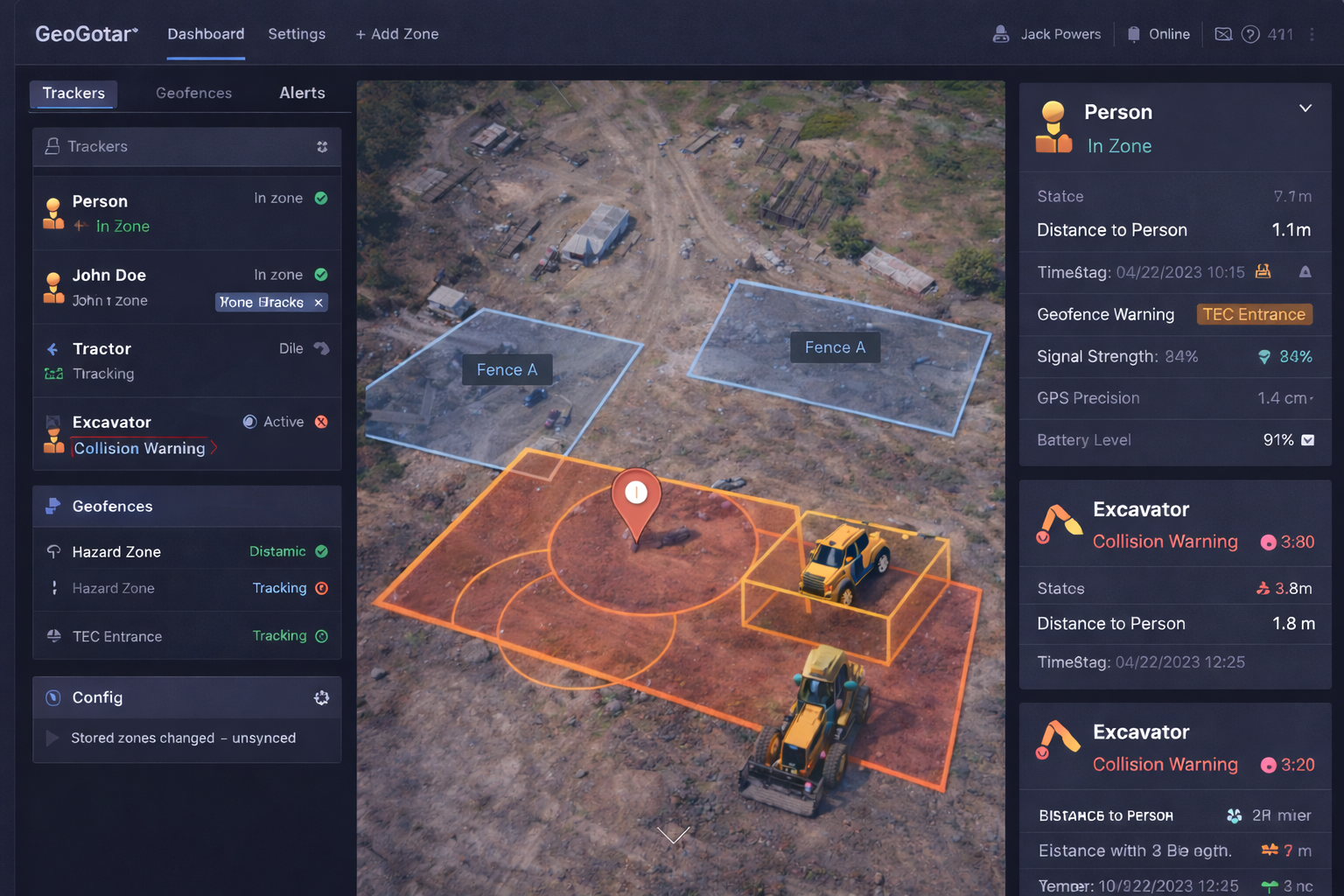GeoGotar platform interface showing tracker assignment, static and dynamic geofence zones, equipment markers, worker status, and device telemetry.