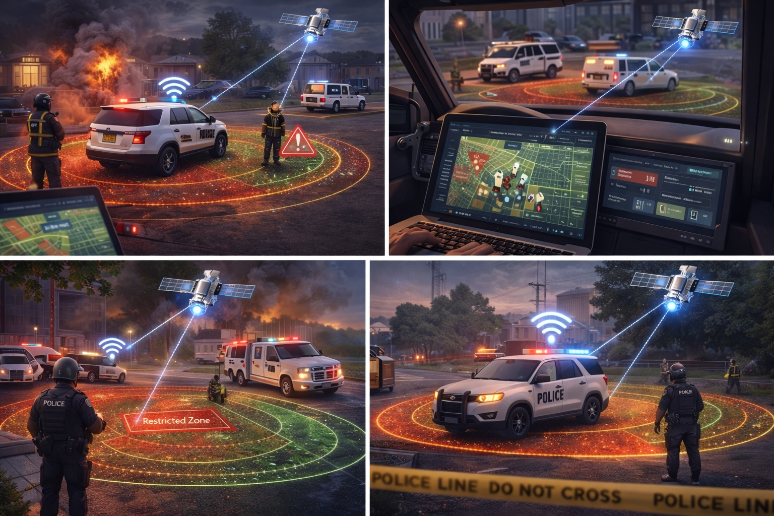 GeoGotar public safety monitoring showing responders, emergency vehicles, geofence perimeters, and real-time incident zone tracking