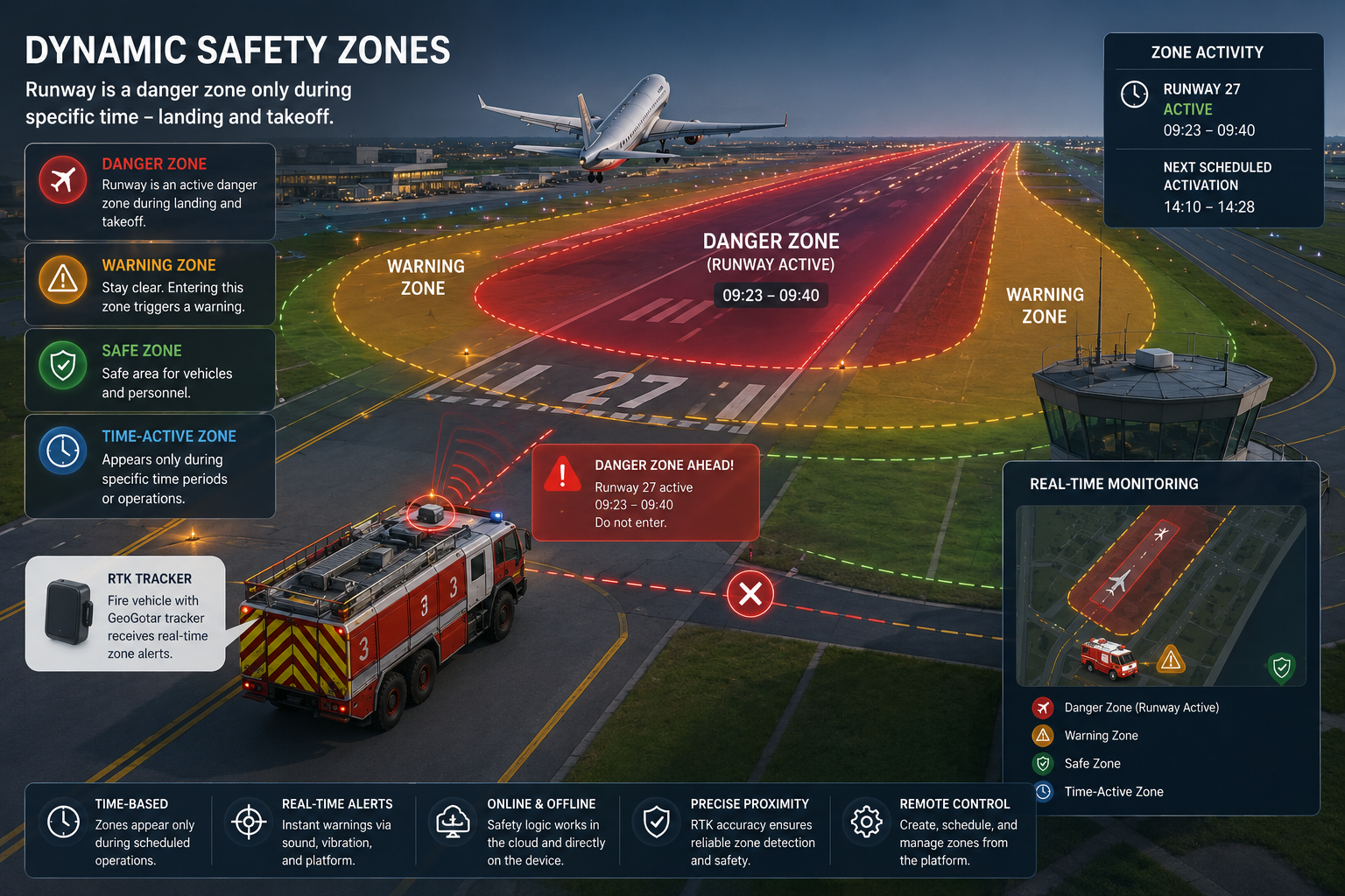 GeoGotar airport safety system showing RTK-tracked workers, red virtual hazard zones around runway