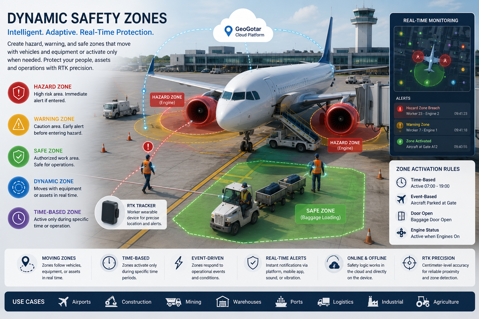 GeoGotar Dynamic Safety Zones showing hazard, warning, and safe zones around aircraft, vehicles, and industrial equipment.